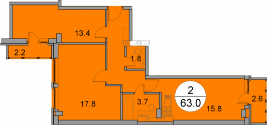 Двухкомнатная квартира 63.5 м²