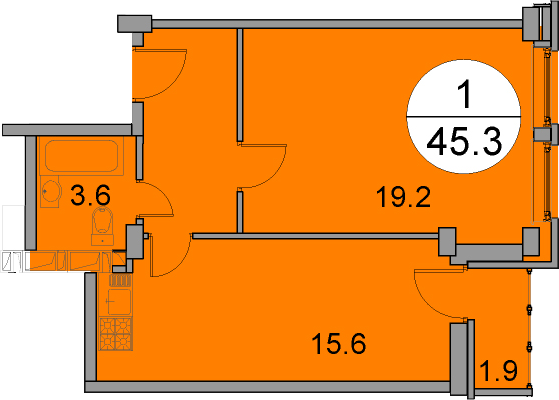 Однокомнатная квартира 45.7 м²