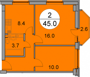 Двухкомнатная квартира 44.8 м²